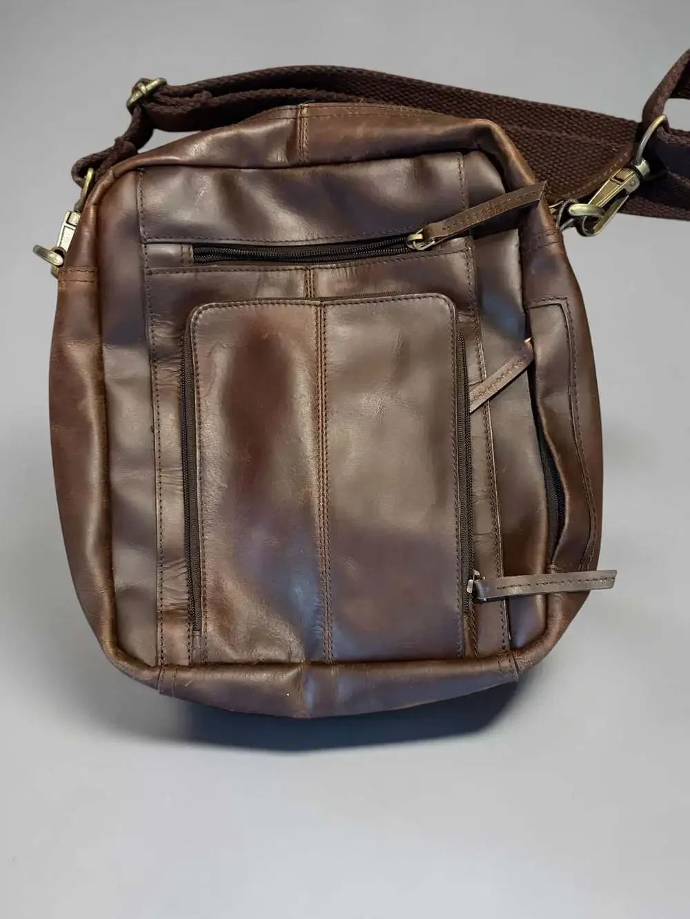 Mens Genuine Leather Multi-Zipper Pocket Crossbody Shoulder Bag